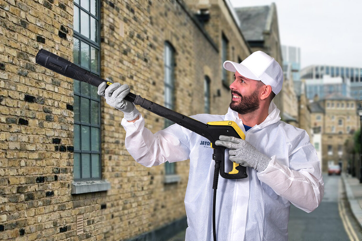 Ein Mitarbeiter der Fassadenreinigung in Nürnberg in einem weissen Anzug mit Hochdruckreiniger